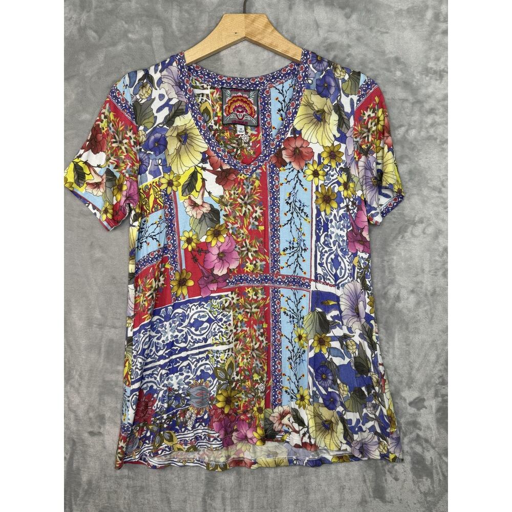 Johnny Was Multicolor Floral Patchwork V-Neck Tee